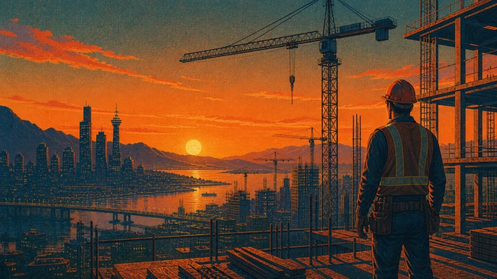 Construction worker on a high-rise build site overlooking a city skyline at sunset with crane and bridge