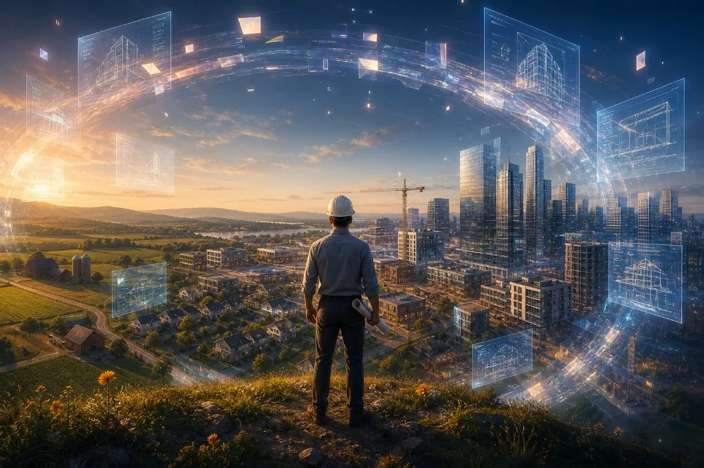 Property developer reviewing architectural plans overlooking rural-to-urban development landscape at sunset
