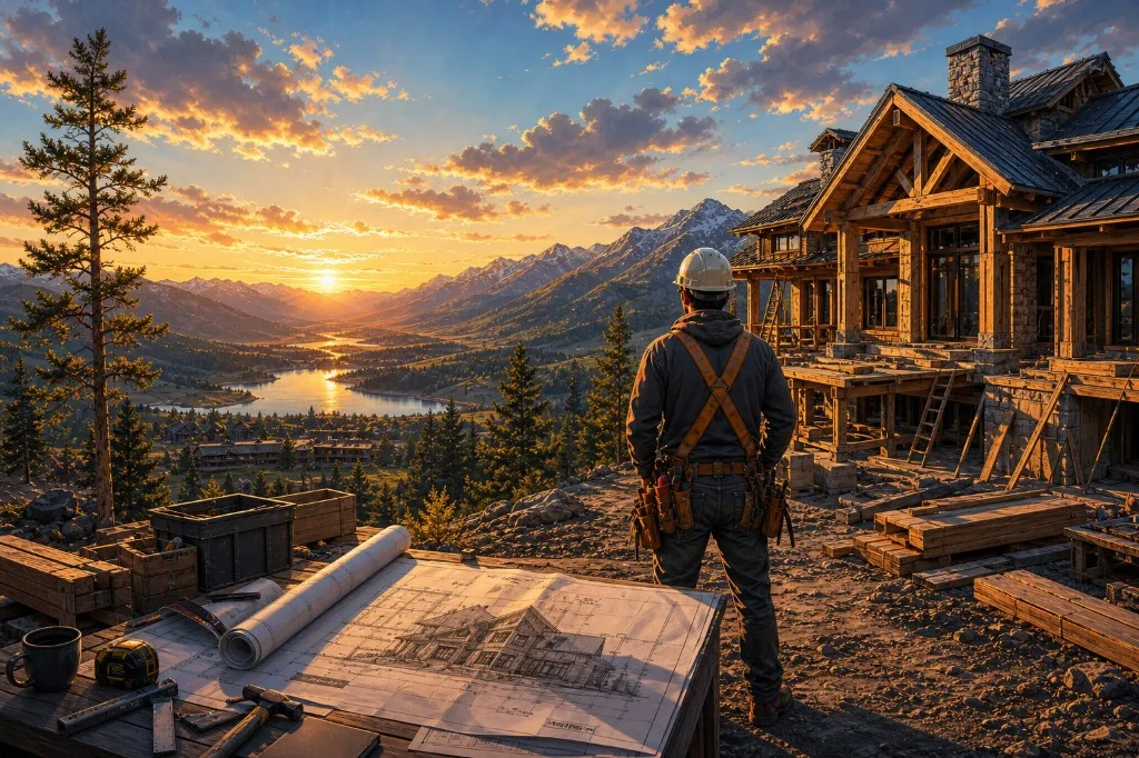Custom home renovation site with architectural blueprints on a worktable and mountain valley sunset
