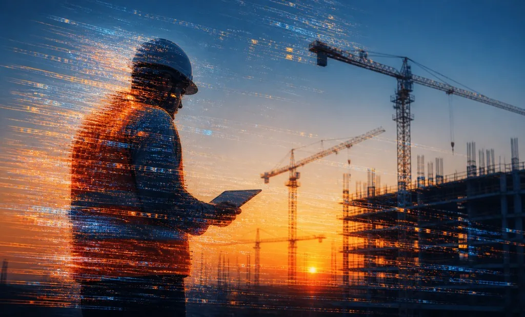 Project manager using a tablet on a construction site with digital data streams at sunset