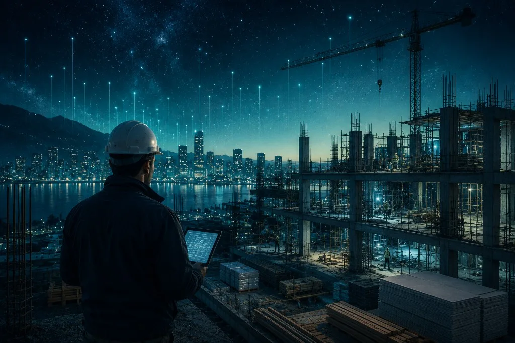 Construction logistics coordinator using a tablet on a night jobsite with connected supply network over the city
